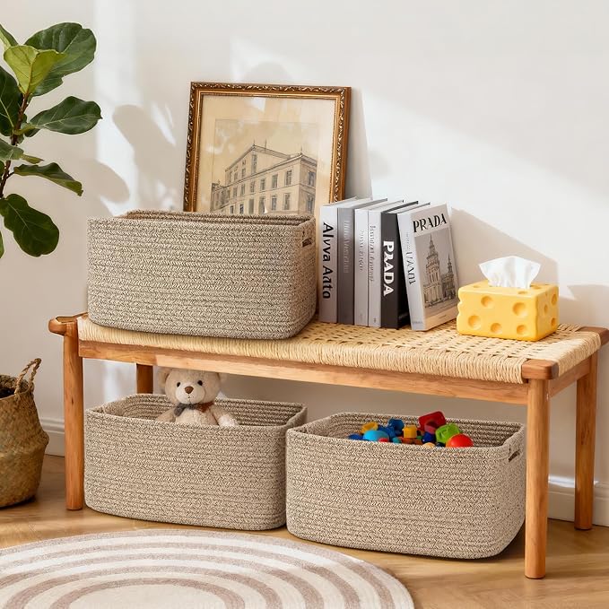 2 Pack Large Storage Basket for Organizing, 17.5"x13"x7" Woven Basket for Shelves, Closet Cube Storage Bins with Wrapped Handle, Cotton Rope Baskets for Kitchen, Clothes, Toys (Natural)