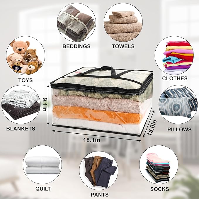 8Pack Clear Blanket Storage Bags, Vinyl Comforter Clothes Storage Closet Organizers and Storage Containers Moving Bags with Reinforced Handle for Bedding, Clothing, Comforters, Pillows, Toys,40L