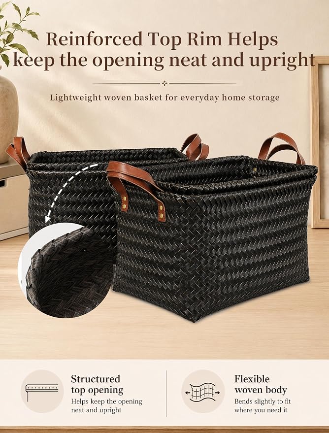 Hand Woven Baskets for Storage, 4Pcs Water-Resistant Wicker Baskets, Dark Gold Wicker Storage Baskets for Shelves, Large Basket with Handle for Organizing, Laundry, Blanket-Rectangular