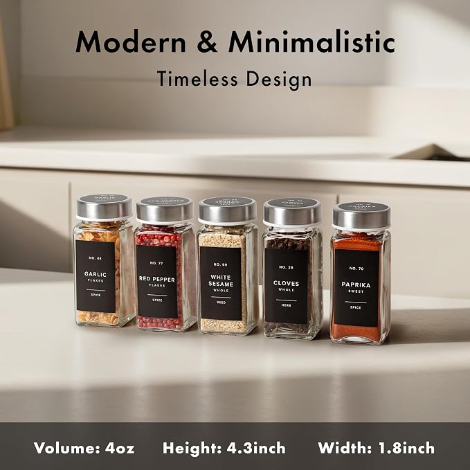 EDELHAUS Glass Spice Jars with Label, 24x Stainless Steel Lids | Airtight Lids keep spices fresh, Kitchen Spice Drawer Organizer, 4oz Seasoning Containers incl. Funnel, Brush & 240 Labels