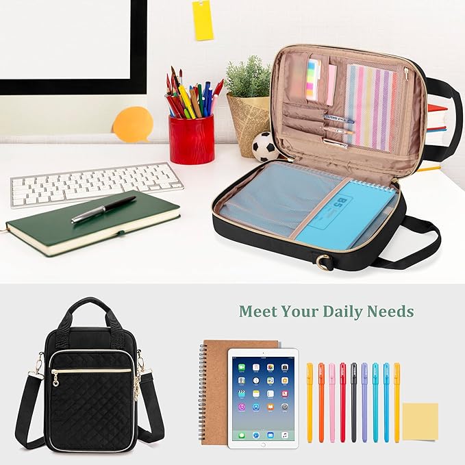 Teamoy Journal Supplies Storage Case, Planner Bag with Pen Slots, Black | Quilted Stationery Bag with Shoulder Strap, Travel Organizer Holder for B5 Notebooks, Planner, Pens, and Journal Accessories