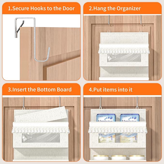 Aokeyee 5 Tier Over Door Organizer Nursery with Tassels and Clear Window | Boho Door Organizer Hanging, 65lb Behind The Door Storage for Bedroom Bathroom
