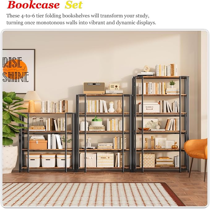 UDD 6 Tier Wide Folding Bookshelf No Tools Assembly, 55.5" H x 30.9" W, Foldable Book Shelf Vintage Collapsible Bookcase, Industrial Storage Shelves for Bedroom Office Living Room, Rustic Brown Black