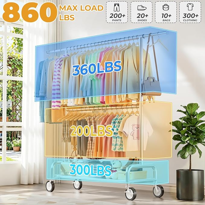 Heavy Duty Clothes Rack Load 860LBS, Double Rods Rolling Clothing Racks for Hanging Clothes, Rolling Garment Rack With Sturdy Wheels Shelves, Portable & Adjustable Commercial Garment Rack, Chrome