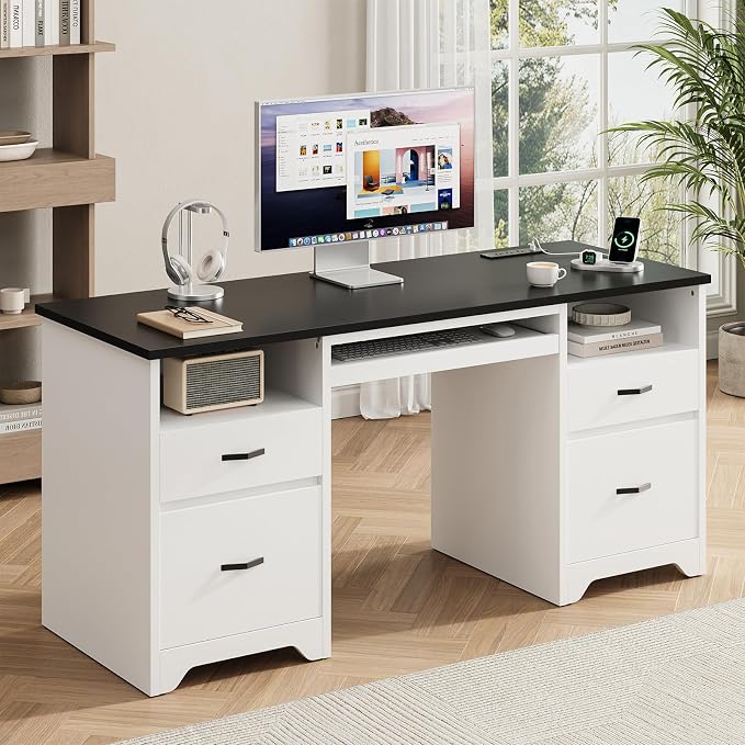 Bestier 59” Computer Desk with 4 Drawers, Charging Station, White | Office Desk with Storage, Modern Executive Desk with Keyboard Tray & Wooden Pedestals on Both Sides for Home Office & Studio