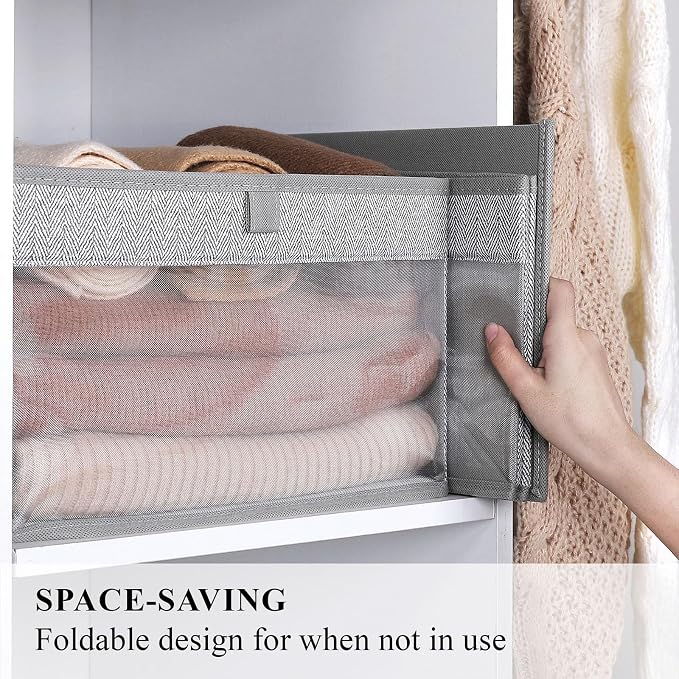 WUIKE 3 Pack Large Fabric Storage Baskets with Window, Herringbone Gray | Foldable Closet Storage Bins with Handles for Clothes, Towels, Blankets, Shelves and Linen Closet Organization