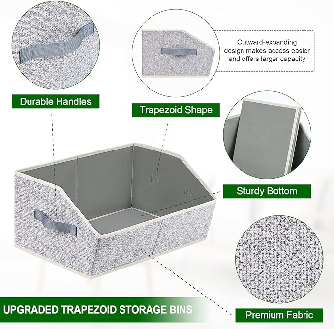 Homsorout Closet Organizers Bins 6 Packs - Large Closet Shelf Organizer with Handles, Fabric Trapezoid Storage Bins, Collapsible Storage Cubes for Clothes, Towels, Light Gray