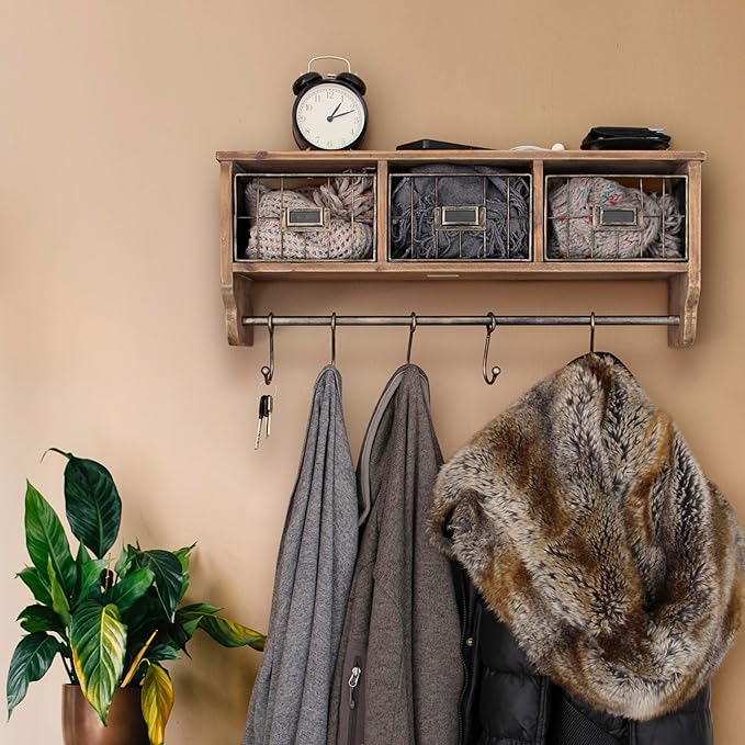 BizChair Wall Mounted Storage Rack - Rustic Brown Solid Pine Wood - 24 Inch - Upper Shelf - 5 Hooks - Wire Baskets - For Entryway, Kitchen, Bathroom