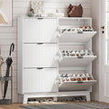 HUANLEGO Shoe Cabinet Storage for Entryway with 6 Flip Drawers, Fluted Narrow Shoe Organizer with Wooden Legs, Freestanding Slim Shoe Storage Hidden Shoe Rack Organizer for Front Door Entrance, White