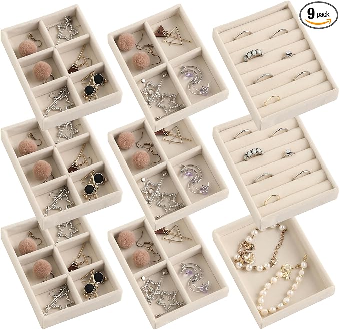 Frebeauty Small Jewelry Organizer for Drawer,Set of 9 Velvet Jewelry Trays | Jewelry Box Inserts,Drawer Inserts,Vanity Drawer Organizer,Mini Size,Stackable Earring Organizer,Adjustable Dividers