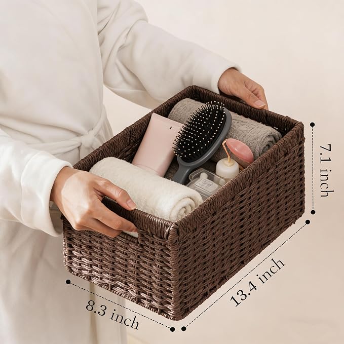 joybest Dark Brown Wicker Baskets for Shelves, 13.4L x 8.3W x 7.1H inch Hand-woven Storage Baskets for Pantry Organizing, Foldable Rectangular Bin with Handles, 4-pack