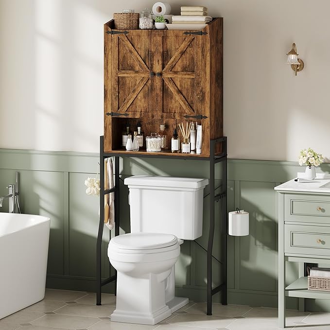 Memobarco Over The Toilet Storage Cabinet with Metal Stand, Rustic Brown | Toilet Paper Holder, 3 Extra Hooks, Anti-Tipping Device, With Adjustable Shelves, for Bathroom, Restroom, Laundry