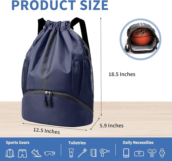 JELUTAR Drawstring Backpack Gym Bag with Shoes Compartment for Soccer, Basketball, Swim, Water-Resistant String Backpack Beach Cinch for Women Men, Navy Blue
