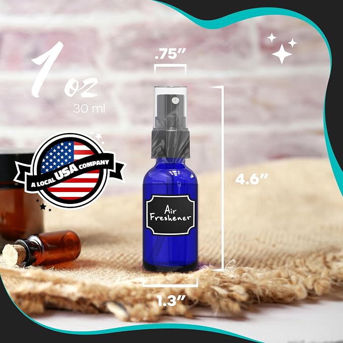Nevlers Blue Glass Small Spray Bottle 1 Oz 48 Pack Mini Spray Bottle Set | Leakproof Glass Spray Bottles for Cleaning & More w/ Shrink Wrap, Funnel, Brush & Labels | Perfume Travel Refillable Bottles