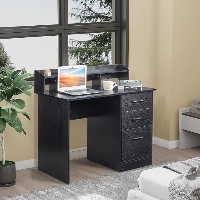 Karl home Black Computer Desk with Drawers ＆ Desktop Hutch, Modern Work Study Gaming Writing Home Office Desks with Storage for Kids, Small Wood Table for Bedroom, PC Laptop Workstation