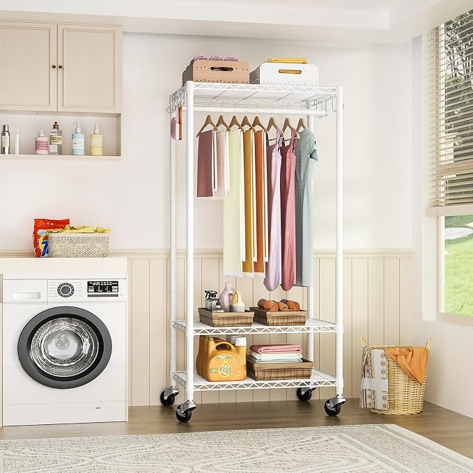 FUTASSI Rolling Clothes Rack, Clothing Racks for Hanging Clothes, White | P6 Medium Heavy Duty Garment Rack with Wheels, Freestanding Portable Closet Rack with Shelves, 30 In Wide, Max Load 370 LBS