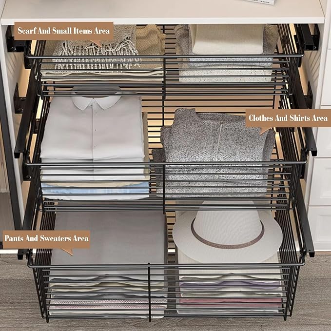 Pull-out Clothes Storage Basket,Stackable Storage Bins with Slide Rails,Stackable Shelf Baskets Organizer,for Wardrobe and Closet Drawer in Bedroom Office(18.5-20.47in)