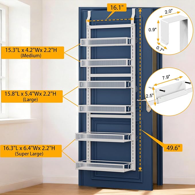 Over the Door Pantry Organizer 6 Tiers Hanging or Wall Mounted Spice Rack with Adjustable Basket,Heavy Duty Metal Seasoning Organizer Shelf for Kitchen Pantry and Bathroom