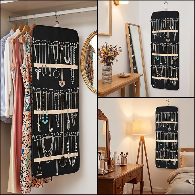 2 Pack Hanging Jewelry Organizer Storage with Hanger and 48 Pockets, Metal Necklace Hooks Double-Sided Jewelry Holder for Earrings, Necklaces, Rings on Closet, Wall, Door, Large, Black
