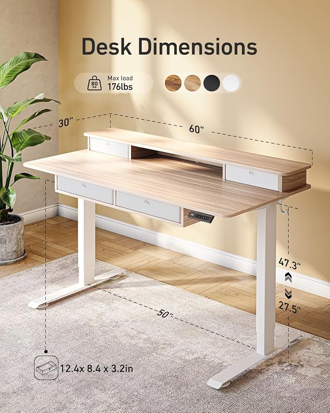 FEZIBO 55 x 30 inch Standing Desk with Drawers, Height Adjustable Electric Workstation, Computer Sit Stand Up Table with Large Storage Shelf 4 Drawers and 2 Hooks, Light Rustic Brown