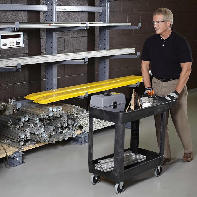 Rubbermaid Commercial Products 2-Shelf Utility/Service Cart, Small, Lipped Shelves, Storage Handle, 500 lbs. Capacity, for Warehouse/Garage/Cleaning/Manufacturing