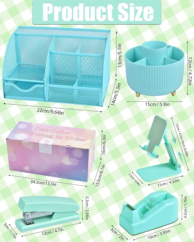 LXEVIHK 21Pcs Green and Blue Desk Organizers and Accessories With Mesh Desk Organizer and 360°Rotating Pen Holder and a Lot of Office Green Office Supplies Beautifully Presented in a Gift Box