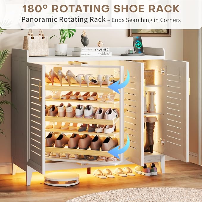Vlsrka Shoe Storage Cabinet with Shutter Doors and Adjustable Shelves | 6 Tier Wooden Shoe Organizer, Large Capacity, Human Sensor Lighting, 180° Rotating, for Entryway, Hallway, Living Room, White