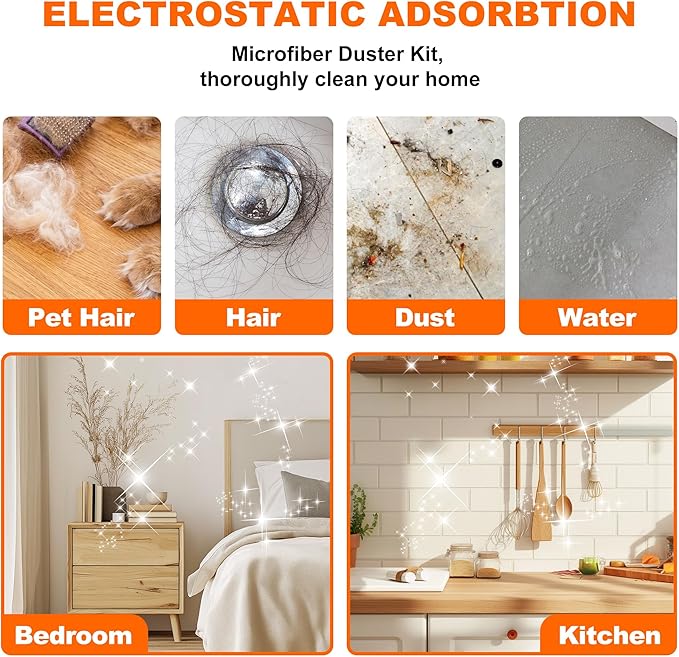 Professional Microfibre Dusters for Cleaning | Duster with Extension 100" | Cobweb Remover Duster Kit with 4 Washable Heads | Bendable Feather Duster for High Ceilings,Fans & Hard-to-Reach Areas,7PCS