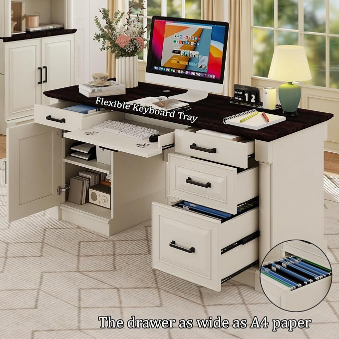 blini Large Farmhouse Executive Desk with Drawers，Wood Computer Desk，Embossed Texture Home Office Desk with File Cabinet Storage, Cable Management, Keyboard Tray，Working Table for Work Study Writing