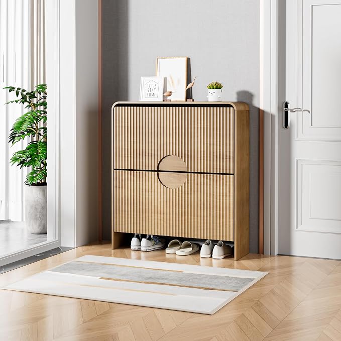 Narrow Shoe Cabinet for Entryway, Fluted Entry Way Shoe Storage Cabinet with 2 Flip Drawers Doors, Slim Hidden Shoe Rack Organizer for Entrance, Foyer, Hallway, Wood, 2 Tier