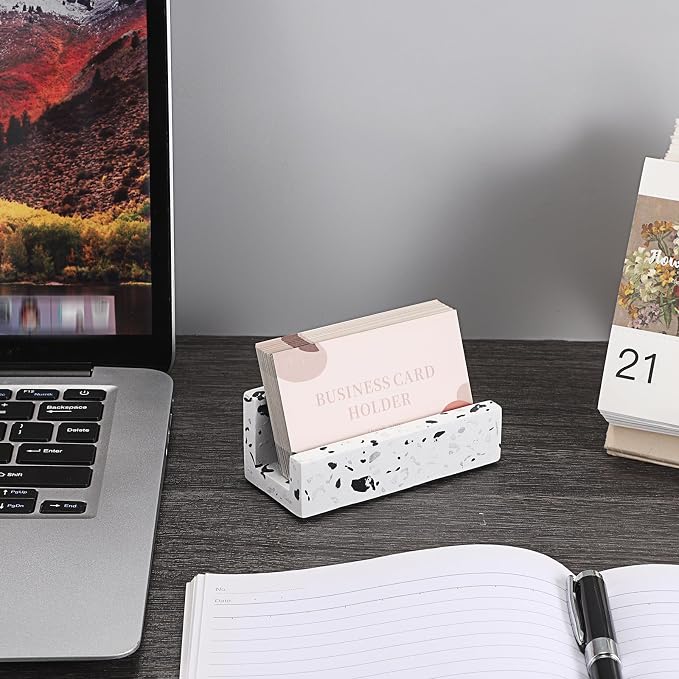 Hipiwe Terrazzo Business Card Holder for Desk, Business Gift for Women Men | Desktop Business Card Display Stand Concrete Name Cards Organizer for Office Exhibition Meeting Room Card Display