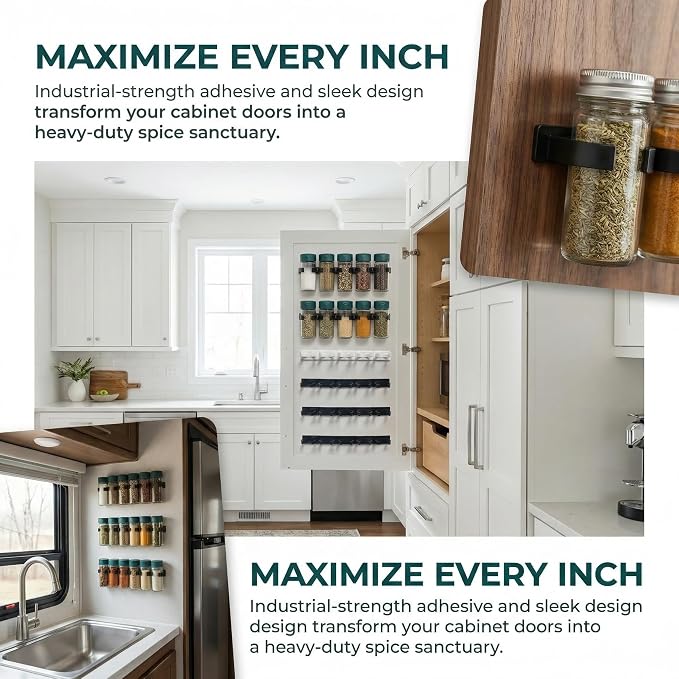 Adhesive Spice Clips 6-Pack, Heavy-Duty Spice Organizer for Cabinet Doors, Pantry & RV, Space-Saving Kitchen Storage with Tape, Holds 30 Jars (Black+White) ﻿