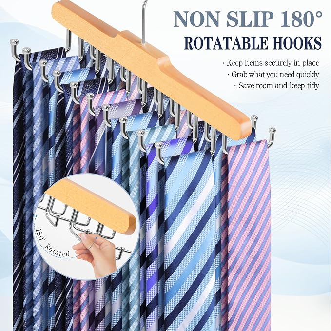 2PC Tie Rack Hanger for Closet, Upgraded Tie Holder Organizer for Men, Wood | Non Slip Neck Tie Organizer with 20 Foldable Hooks, Belt Hanger Space Saving, Fits for Tank Tops Bras Cami Scarves