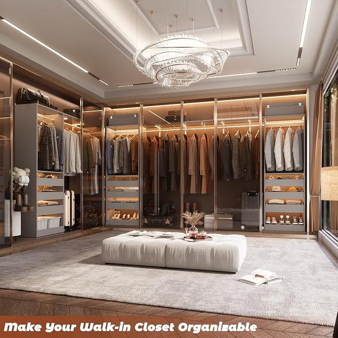 5FT Closet System with 3 Half-Open Wooden Drawers, 60'' Closet Organizer System with 2 Reversible Hanging Rods and Big Wing Shelf, 80" Tall Wall Mounted Wardrobe for Walk-in Closets, Grey