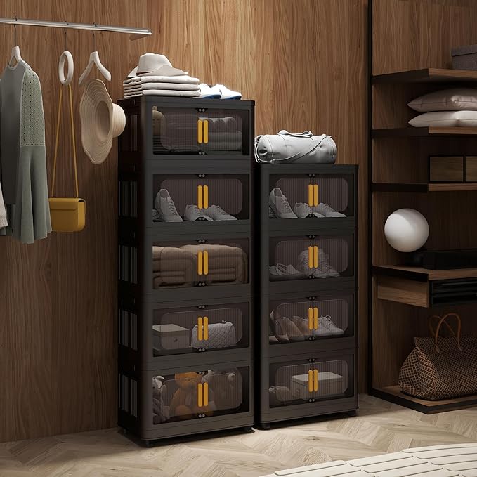 Foldable Storage Cabinet，Plastic Cabinet，Stackable Storage Bins， Open Front with Magnetic Door and Wheels (Extra Large-4Tiers)