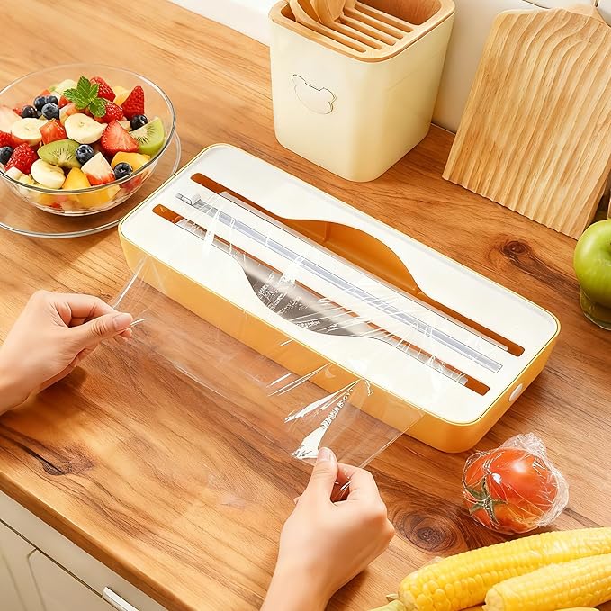 Dual-Slot Multifunctional Kitchen Cutter | For Cling Film, Aluminum Foil, and Parchment Paper Storage & Cutting | Easily Cut Two Materials at Once (Yellow(magnetic))