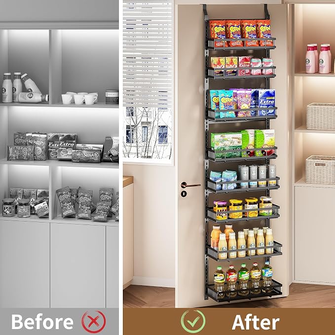 PureBox 8-Tier Over the Door Organizer, Heavy-Duty Metal Hanging Storage Rack with Adjustable Baskets, Door-Mounted Pantry Organizer for Kitchen, Bathroom, Laundry Room, Spices, Snacks & Toiletries