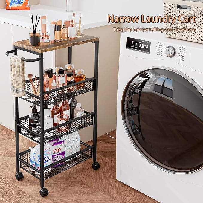 AZERPIAN Slim Rolling Cart 4 Tier Narrow Storage Cart on Wheels with Metal Handle for Kitchen Dining Living Home Laundry Room