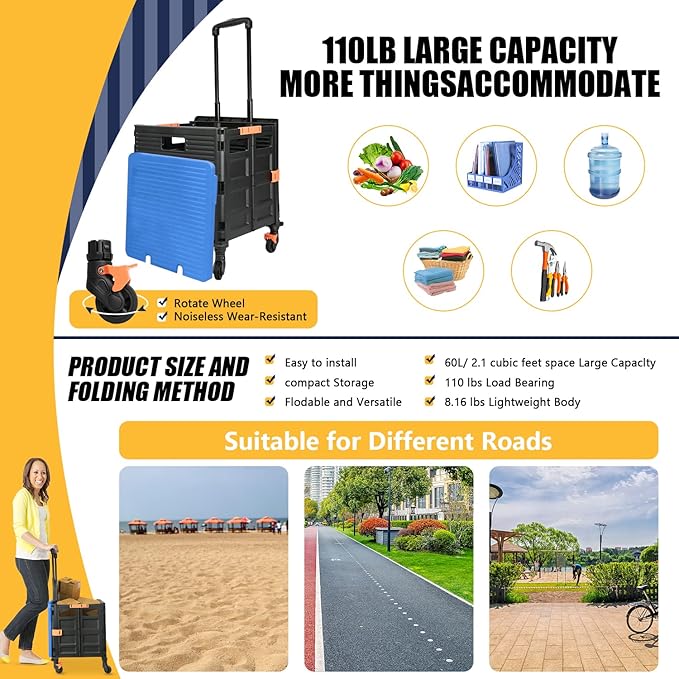 SELORSS Foldable Utility Cart Collapsible Crate Rolling Carts Handcart Trolley Tool Box Basket 4 360°Noiseless Wheels Lid Telescoping Handle for Shop Grocery Luggage Move Office School Teacher (Blue)