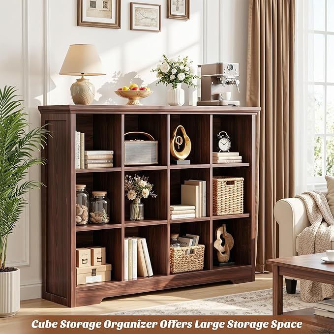 Aheaplus Wooden 12-Cube Storage Organizer with Charging Ports, Modern Cube Bookcase with Base, 4-Tier Floor Standing Open Cubbies Bookshelf, Cubicle Display Shelf for Home and Office, Black Walnut