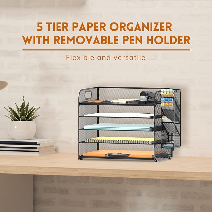 SUPEASY 2 Pack 5 Tier Desk Organizer with Handle & Removable Pen Holders, Mesh Paper/File Organizer for Desk Office Supplies,Black