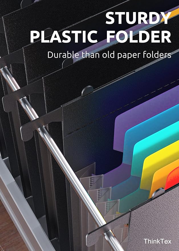 ThinkTex Plastic Expanding Hanging File Folders, 7 Innovative 1.2" Accordion Pockets, Large Capacity, Multi-Color Tabs, Letter Size for File Cabinet - 1-Pack