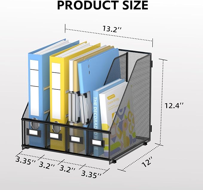 4 Vertical Compartments Magazine File Holder, Metal Binder Organizer, Black | Space-Saving Desktop Storage, Built-In Label Holders, Anti-Slip Feet, Sized for Binders, Folders, Magazines and Files