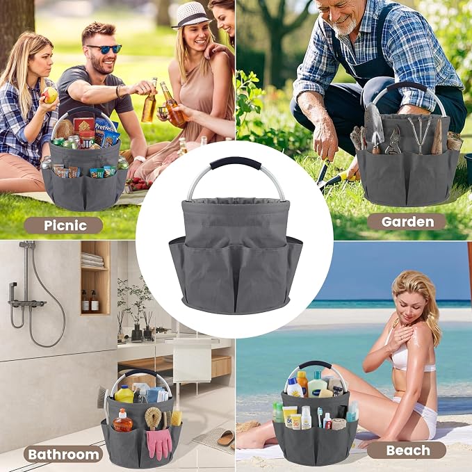 Cleaning Caddy with Handle, 17L Cleaning Supplies Organizer, Grey | 600D Oxford Fabric Storage Basket with 6 Pockets, Multifunctional Bucket Bag for Picnics, Camping, Gardening, Bathing
