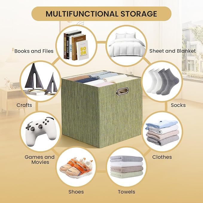 Posprica Foldable Storage Bins, 13×13×13, Yellow/Brown Mixed, Set of 4 | Cubes Basket Containers, For Shelf Cabinet Bookcase, Thick