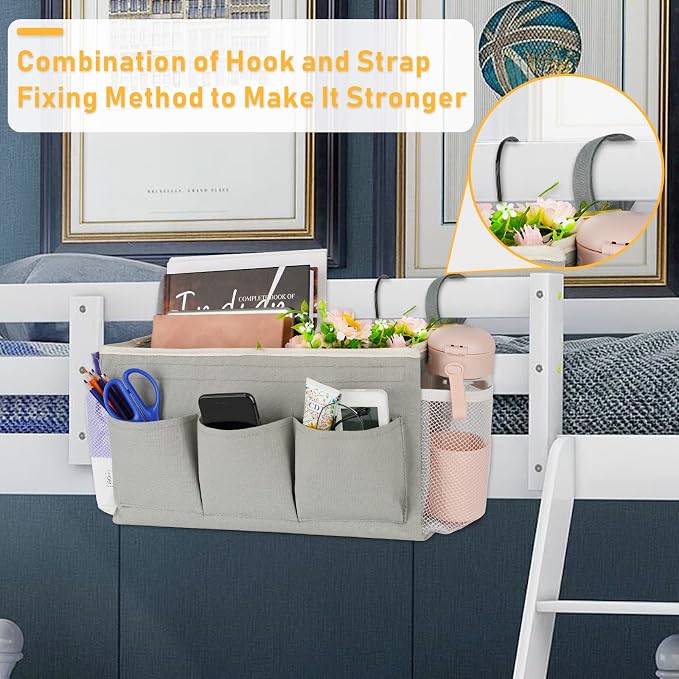 Lilithye Bedside Caddy Organizer with Fixed Straps & Water Bottle Holder for Home, College Dorm, Bunk Bed, Hospital & Crib Bed Rails (2 pcs, Grey)
