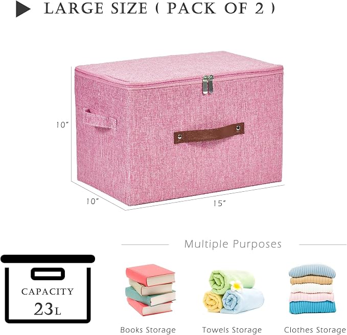 2 Pack Storage Bins with Zipper Lid Cotton Linen Fabric Lidded Storage Baskets Boxes Foldable Washable Closet Shelf Clothes Organizer Container with PU Leather Handles (Pink, Large)