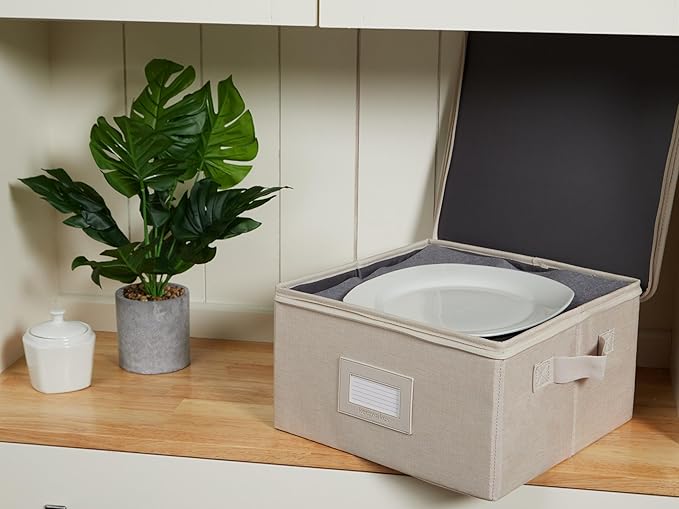 Covermates Dish Storage Box – China & Dinner Plate Storage Container with Dual Zippers, Reinforced Handles, ID Window & Stackable Structured Walls for Dishware Organization, Beige Heather