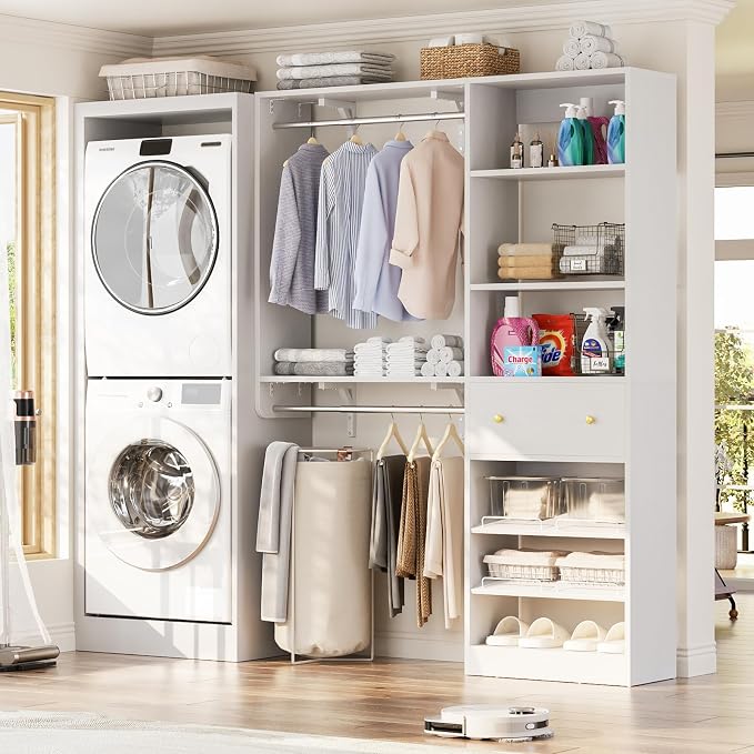 Closet System with Drawer - Reversible 5FT Wood Closet Organizer System with 2 Hanging Rods and Adjustable Shelf, Walk In Closet Organizers with Shoe Rack, Built-In Garment Rack Clothes Rack, White