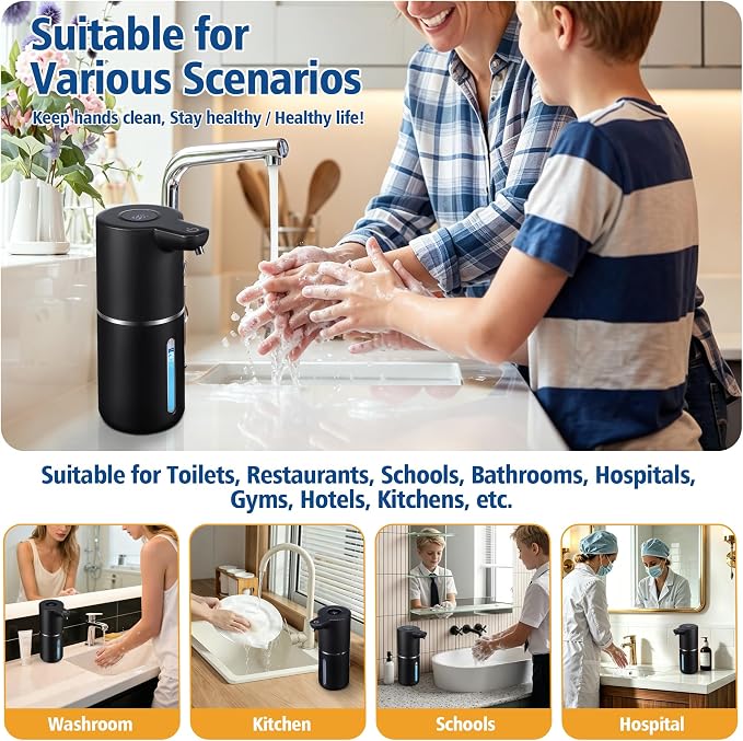 Automatic Foam Soap Dispenser Touchless | USB Rechargeable Smart Hand Soap Dispenser, 4-Level Adjustable, 12oz Wall Mounted for Bathroom Kitchen(Black Foam)